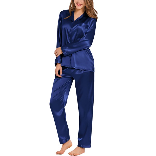 SWOMOG Long Sleeve pyjamas Set Silk Satin Sleepwear Button Down