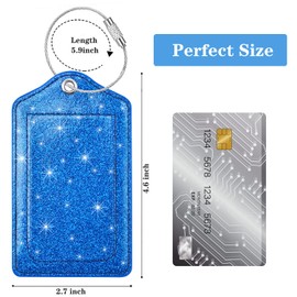 (Set of 2) Luggage Tag Leather Privacy Cover ID Label Address Card with Stainless Steel Loop, Travel Bag Tags Suitcase Labels, Glitter Dark Blue