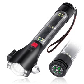 Mirthcos 17-in-1 Car Emergency Flashlight - Window Breaker Hammer & Seat Belt Cutter - Mobile Power, Rechargeable, Rescue Alarm, Compass, Magnet, Car Safety Tool for Outdoor, 8.2'' Black