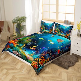 Kids Cartoon Ocean Fish Bedding Set Ocean Marine Theme Comforter Cover for Boys Girls Sea Underwater World Duvet Cover Cute Creature Sealife Bedspread Cover Room Decor Quilt Cover Queen Size