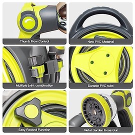 YASHINE 50ft Retractable Garden Hose Reel, Portable Simple Home Hose Reel, 45+5FT with 10 Patterns Spray Nozzle, Adapts to standard US hose plugs, for Garden Watering Car Washing Pet -Green