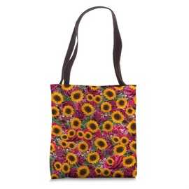 Pink Pattern Garden Flowers Yellow Blooms Sunflower Roses Tote Bag