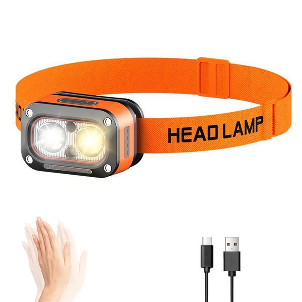Jzcokeng Headlamp Rechargeable, Lightweight LED Head Lamp, Motion Sensor Head