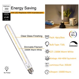 FLSNT T10/ T30 Dimmable LED Edison Bulbs, 9.4" Decorative LED Long Light Bulbs for Wall Sconces, Mirror Lamps, 2300K Warm White, E26 Base, 4W (40W Equiv.), 350LM, CRI90, Clear Glass, Pack of 4