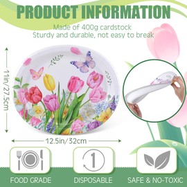 Hsei 100 Pcs Disposable Oval Paper Plates 10'' x 12'' Large Spring Tea Party Plates Baby Shower Paper Platters Bulk Supplies(Colorful,Tulip)