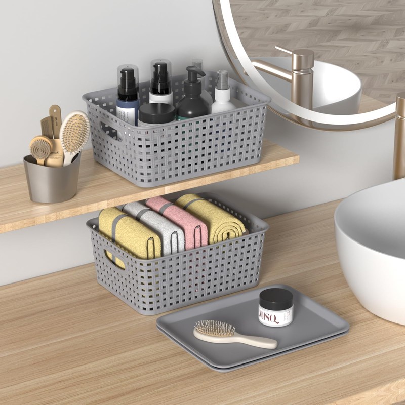 Wekioger Small Plastic Woven Basket, 6 Pack Grey Lidded Storage