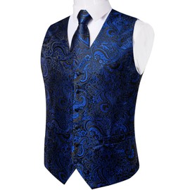 DiBanGu Mens Vest and Tie Set Formal Paisley Waistcoat and Necktie Pocket Square Cufflinks Silk Suit Vest for Tuxedo Wedding, Royal Blue and Black, X-Large