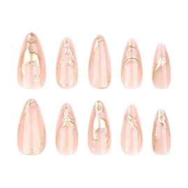 LYMCY Press on Nails French,Gold Plasma 3D Wear Short Almond Fake Nails, Artificial Nails for Women and Girls -24 pcs