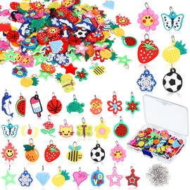 Hungdao 200 Pcs Rubber Loom Band Charm,Silicone Bracelet Charms,Loom Rubber Bands Charms Bracelet Pendant Summer Rubber Bracelet Charm Colorful Jewelry Making Kit with 200 Opening Rings