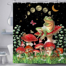 Moon Phase Shower Curtain, Mushroom Frog Butterfly Vertical Frog Aesthetic Moon Stars Bath Curtains , Leaf Green Plant Butterfly Floral Botanical Fabric Bathroom Curtain with 12 Hooks, 69X70