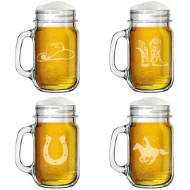 16oz Mason Jar Glass Mug w/Handle Gift Set of 4 Cowboy Collection