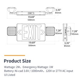 LEDONE Red Exit Sign with Emergency Light, Two LED Rotatable Square Heads, Emergency Exit Light with Battery Backup, 120-277Vac, Canopy Included, UL 94, Title 20, 1PK