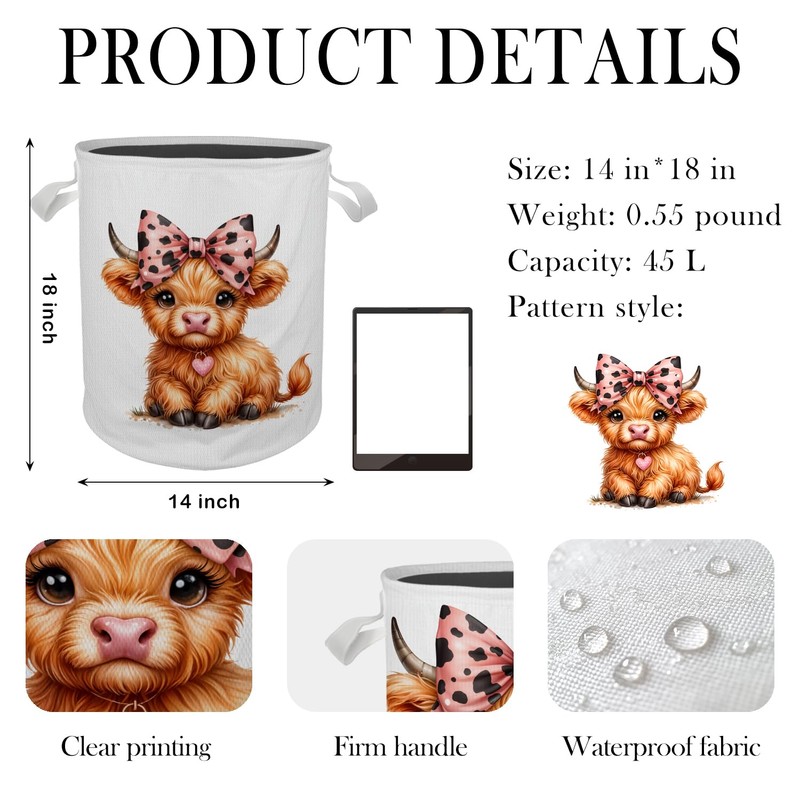 Briblaze Pink Bow Highland Cow Laundry Basket, Toybox for Girls,