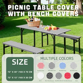Bouiexye 3 Pcs Set Polyester Picnic Table Cover with Bench Covers, Elastic Outdoor Camping Tablecloth with Bag Backing Picnic Table Cloth Fits for Table 30"x 72" Rectangle(Gray White Plaid)