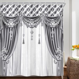 Riyidecor Silver White Shower Curtain European Style Vintage Retro Luxury Bridal Shower Elegant Simple Modern 72Wx72H Inch Women Girl Fabric Decor Bathroom Polyester Waterproof 12 Pack Hooks