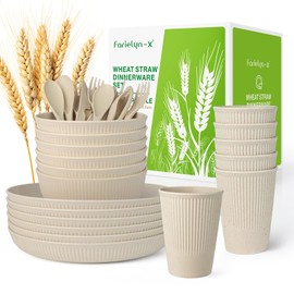 36-Piece Wheat Straw Dinnerware Sets for 6, Farielyn-X Unbreakable Plastic Reusable Set Kitchen Cups, Plates, Bowls Sets & Cultery Dishwasher Microwave Safe - Patio, Outdoors, RV, Camping Dishes