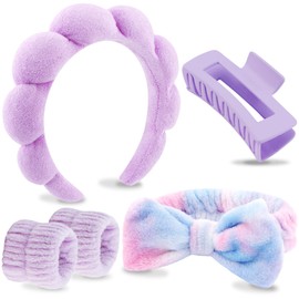 VELSCRUN 5 Pcs Purple Colourful Sponge Spa Headband Bow Tie Hair Band Hair Clips Wristband Set, Spa Headbands for Wash Face, Makeup Headband, Facial Skincare Headbands Women Girls Hair Accessories