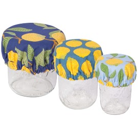 Now Designs Lemons Save It Reusable Cotton Mini Bowl and Jar Covers 3.5 inches, 4.5 inches and 6.5 inches, Set of 3