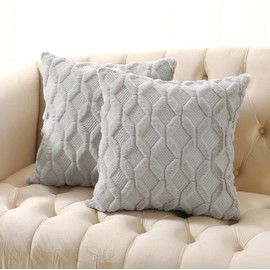 Volcanics Pack of 2 Faux Wool Throw Pillow Covers 20x20 Inches Decorative Farmhouse Velvet Couch Pillow Case Soft Plush Square Boho Cushion Pillowcase, Light Grey