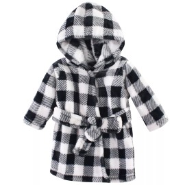Hudson Baby Infant Plush Animal Face Bathrobe, Black Plaid, 0-9 Months