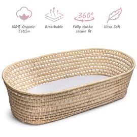 Moses Basket Sheets Fitted 100% Organic Cotton Completely Natural 30x76cm Moses Basket Fitted Sheet White Color Set of 2 Ultra-soft and Comfortable for Your Baby to fit Majority Moses Basket Brands