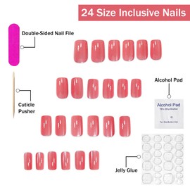 Press on Nails Short Square SWEKKE Pink Fake Nails Shimmer False Nails Solid Colour Full Cover Glossy Glue on Nails Stick on Nails Acrylic Nails for Women Girls 24 Pcs