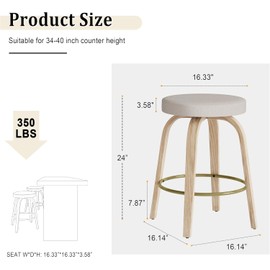 GREHOME Set of 2 Swivel Bar Stools, 24'' Counter Height Backless Stools with Fabric Upholstered Seats and Sturdy Curved Wood Legs, Mid-Century Modern Design (Beige, 24 inch)