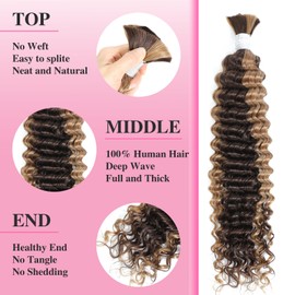 Geogroket Ombre Braiding Hair Human Braiding Hair Deep Wave Honey Blonde Braiding Hair Highlight Water Wave Bulk Human Hair 10A Brazilian Braiding Hair for Boho Braids 1 Bundle 100g (P4/27-26 Inch)
