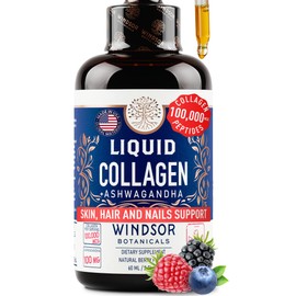 Liquid Collagen with Ashwagandha and L-Theanine - High Absorption 100,000 mcg Hydrolyzed Collagen Peptides Liquid Drops - Hair, Skin, Nails Health - Mood, Energy Levels Support – 2oz, 60 Servings.