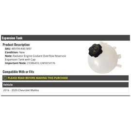 Marketplace Auto Parts Radiator Coolant Overflow Reservoir Expansion Tank - with Cap - Compatible with 2016-2020 Chevy Malibu