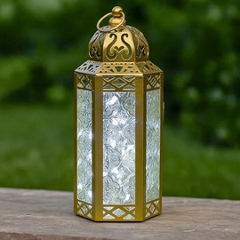 Vela Lanterns Portavelas de Metal marroquí Decorativo con Luces LED para Interior del hogar, centros de Mesa, Patio o Porche al Aire Libre, Bodas, Dorado, Mediano