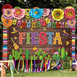 LTDKAEN Fiesta Backdrop Mexican Party Photography Mexican Fiesta Backdrop for Pictures Mexican Wood Floral Flags Photo Decoration(7×5 FT)