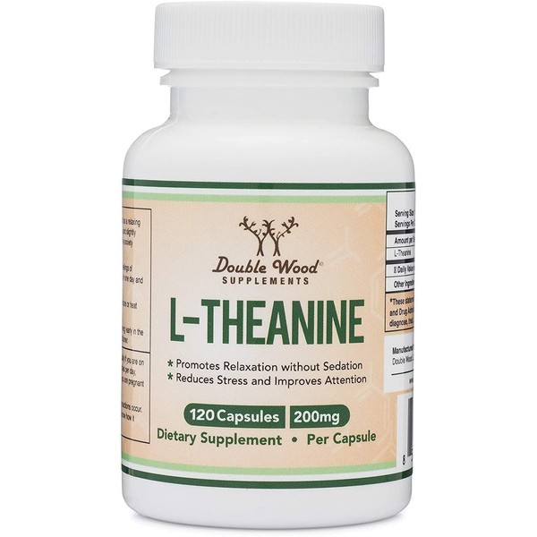 L-Theanine 200mg by Double Wood Supplements — Naturally Reduce Stress, Promote Relaxation and Quality Sleep — Soy Free, Gluten Free, Non-GMO —Third Party Tested and Made in The USA 120 Capsules