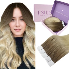 fshine Tape in Hair Extensions 22 Inch 50g Blonde Ombre Hair Extensions Tape in Dark Brown to Light Brown and Bleach Blonde Tape in Real Human Hair Extensions for Women 20pcs