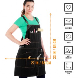 Under NY Sky Cargo Black Apron – Cross-Back with Leather Straps, Heavy-Duty Waxed Canvas and Split-Leg – Adjustable for Men and Women – Pro Woodworker, Mechanic, Blacksmith, Welder, Artist Aprons