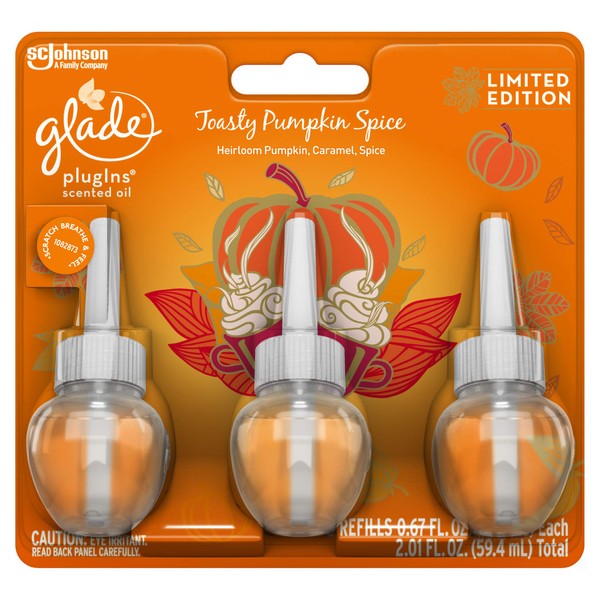 Glade PlugIns Refills Air Freshener, Scented and Essential Oils for Home and Bathroom, Toasty Pumpkin Spice, 2.01 Fl Oz, 3 Count