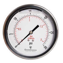 4" Oil Filled Pressure Gauge - Stainless Steel Case, Brass, 1/4" NPT, Center Back Mount Connection, 0-30PSI