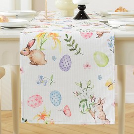 meioro Easter Rabbit Eggs Table Runner 13x48 Inch Spring Holiday Table Runners, Watercolor Flower Bunny Table Cover, Rustic Table Decoration for Kitchen Dining Room Home Party (Easter C)