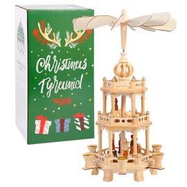 YeloZen Christmas Pyramids with 6 Candler Holders-18 Inches-3 Tiers Carousel-Wood Nativity Scene Set