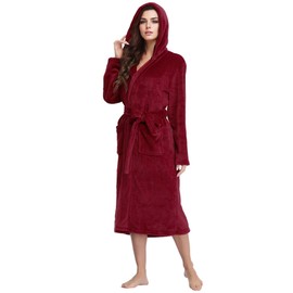 RONGTAI Women's Fleece Long Length Hoodie Bathrobe Soft Plush Material Side Pockets Warm and Cozy Hooded Robe for Female, Burgundy, Large