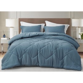 Chezmoi Collection Hugo 3-Piece Textured Thin Comforter Set - Lightweight Woven Design - Soft Microfiber Bedding for All Season, Full, Blue