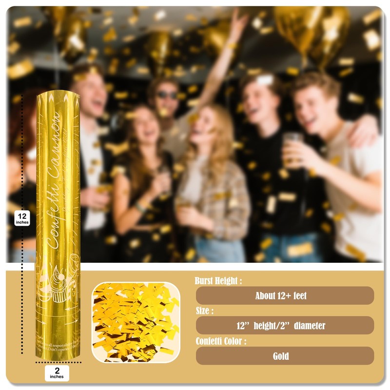 5-Pack Gold Confetti Poppers, 12-Inch Recyclable Confetti Cannons for Weddings,