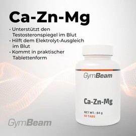 GymBeam GymBeam CaZnMa-Multimineralien-Kapseln - Enth?lt Calcium + Magnesium + Zink, ideal zur Untersttzung der Muskelfunktion, Immunsystem, Nervensystem und geistiger Gesundheit, vegan (60 tab)