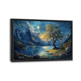 Olivine Landscape Large Wall Art,Nature Pictures Wall Decor, Mountain Forest Painting, Night Scene Canvas Prints, Framed Artwork for Dining Room Living Room Bedroom Bathroom Office Home Decor 36"x24"