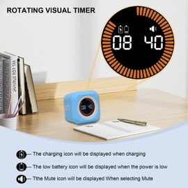Rotating Cube Visual Timer 5, 25, 10 50 Minutes Preset + Custom Countdown, Rechargeable Desk Productivity Flip Timer with Detachable Silicone Cover for ADHD Study Work Kitchen School (Black)