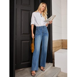 VPWHY Wide Leg Jeans for Women, High Waisted Stretchy Womens Straight Leg Jeans with 4 Patch Pockets Blue