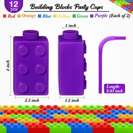 Sawysine Building Blocks Cups 10 oz Reusable Brick Party Kids Cup Plastic Party Cups with Lids and Straws for Block Birthday Party Supplies and Favors(12 Set)