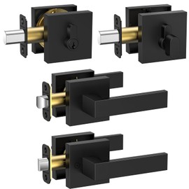 TICONN 2Pk Door Handle Heavy Duty, Reversible Square Door Lever for Bedroom, Bathroom and Rooms (Black, Deadbolt with Passage Lever, 2 Pack)