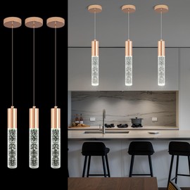Upfelw 3-Pack Modern Crystal Pendant Light for Kitchen Island, Elegant Gold LED Bubble Hanging Chandelier Lighting Fixture for Dining Room Bedside
