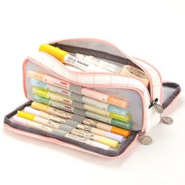 Large Capacity Pencil Case Multi Pocket Double Opening Cute Stationery Bag for Student School Pink White Big Grid